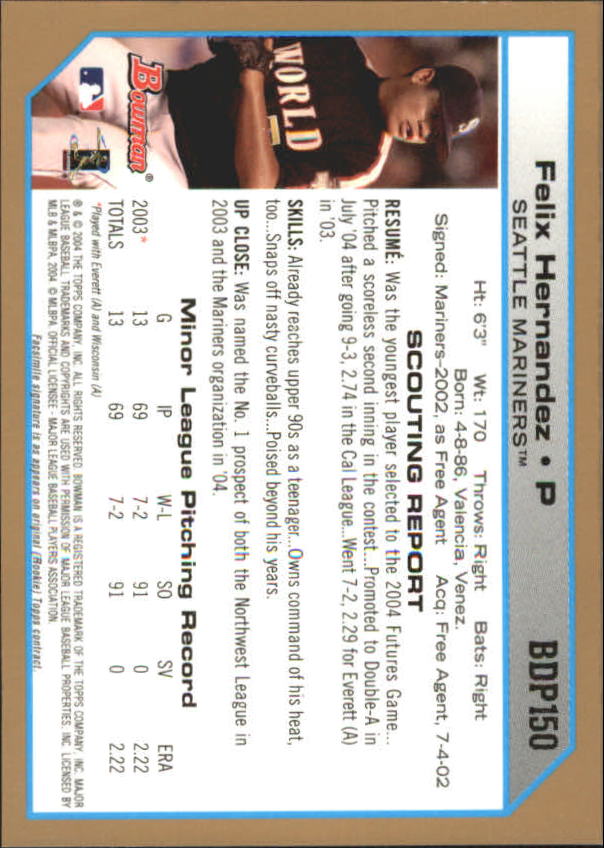 2004 Bowman Draft Gold #150 Felix Hernandez back image