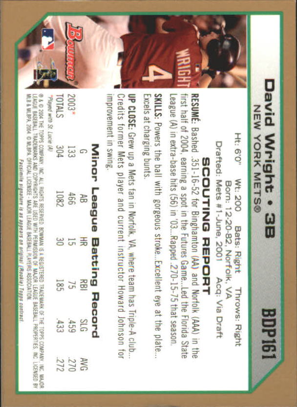 2004 Bowman Draft Gold #161 David Wright back image