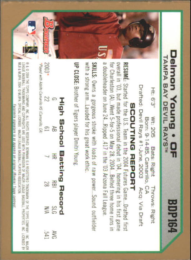 2004 Bowman Draft Gold #164 Delmon Young back image