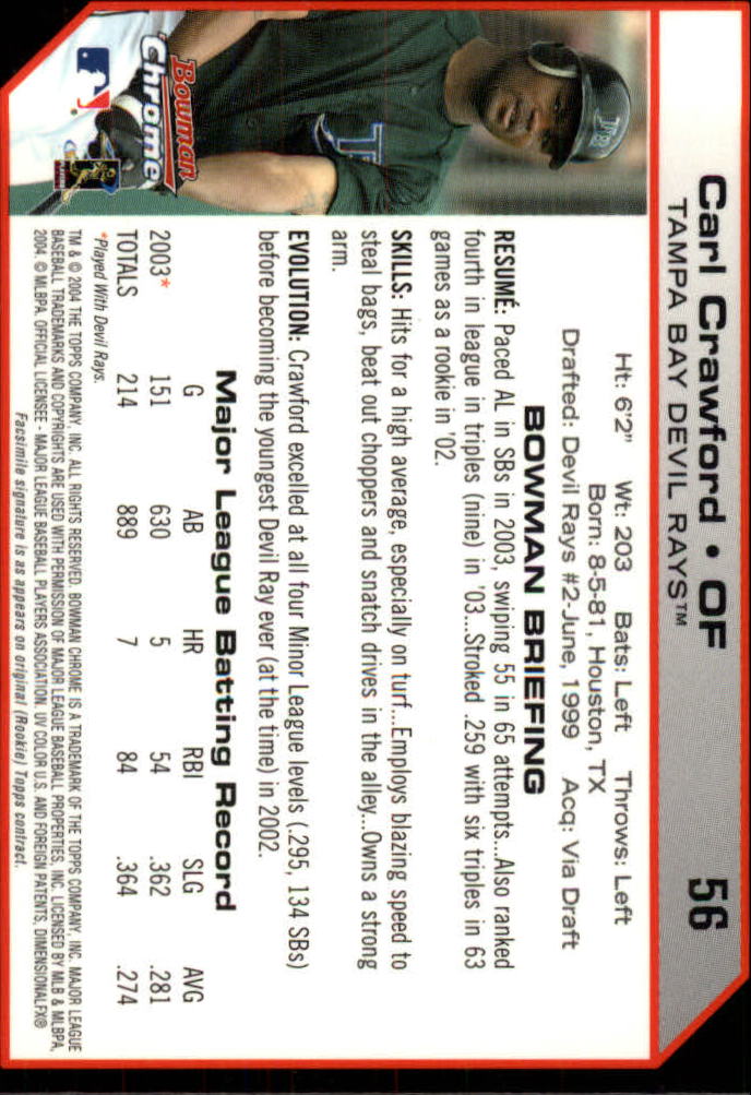 2004 Bowman Chrome #56 Carl Crawford back image