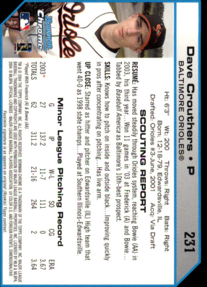 2004 Bowman Chrome #231 Dave Crouthers RC back image
