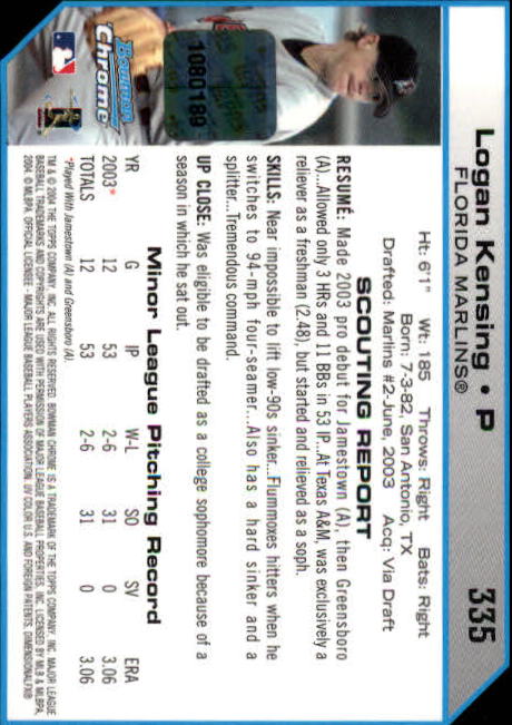 2004 Bowman Chrome #335 Logan Kensing AU RC back image