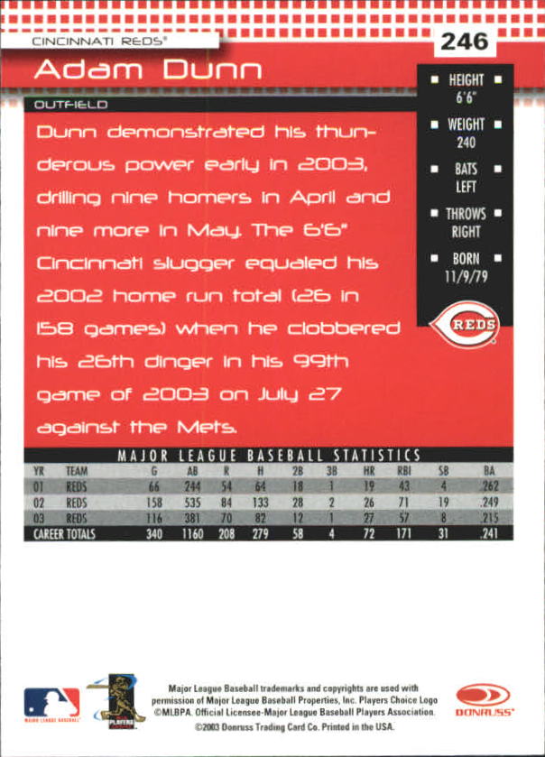 2004 Donruss Press Proofs Red #246 Adam Dunn back image