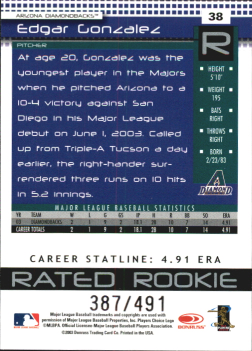 2004 Donruss Stat Line Career #38 Edgar Gonzalez RR/491 back image