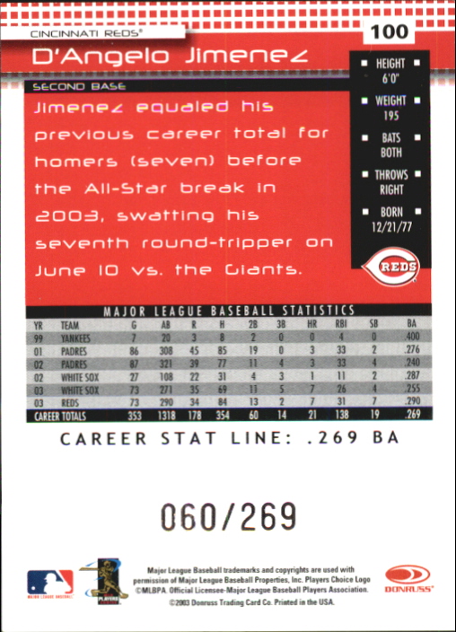 2004 Donruss Stat Line Career #100 D'Angelo Jimenez/269 back image