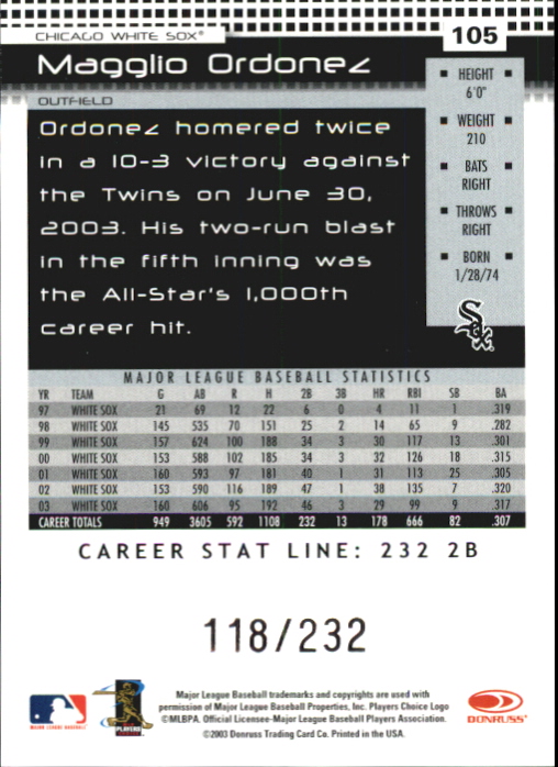 2004 Donruss Stat Line Career #105 Magglio Ordonez/232 back image