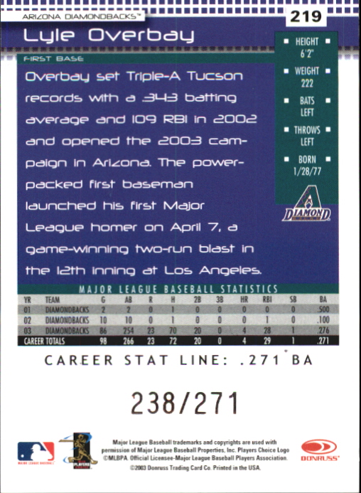 2004 Donruss Stat Line Career #219 Lyle Overbay/271 back image