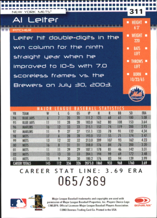 2004 Donruss Stat Line Career #311 Al Leiter/369 back image