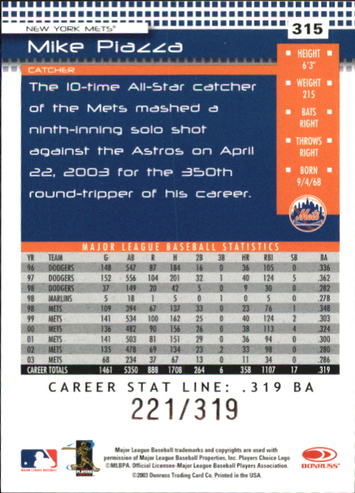 2004 Donruss Stat Line Career #315 Mike Piazza/319 back image