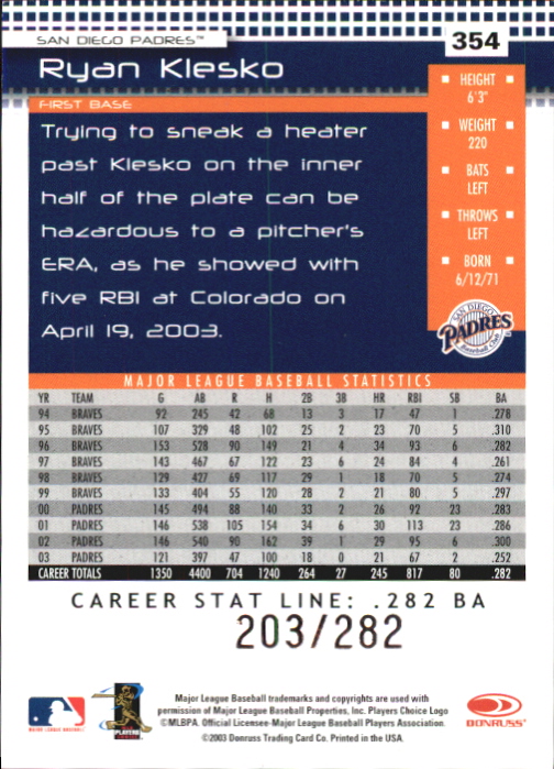 2004 Donruss Stat Line Career #354 Ryan Klesko/282 back image