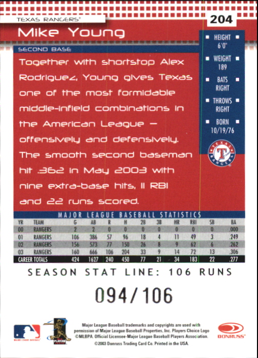2004 Donruss Stat Line Season #204 Mike Young/106 back image