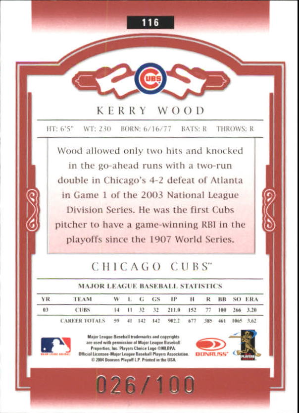 2004 Donruss Classics Timeless Tributes Red #116 Kerry Wood back image