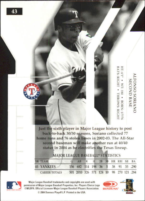 2004 Donruss Elite Extra Edition Turn of the Century #43 Alfonso Soriano back image