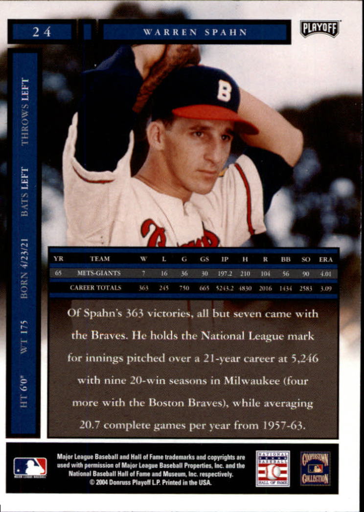 2004 Playoff Honors #24 Warren Spahn back image