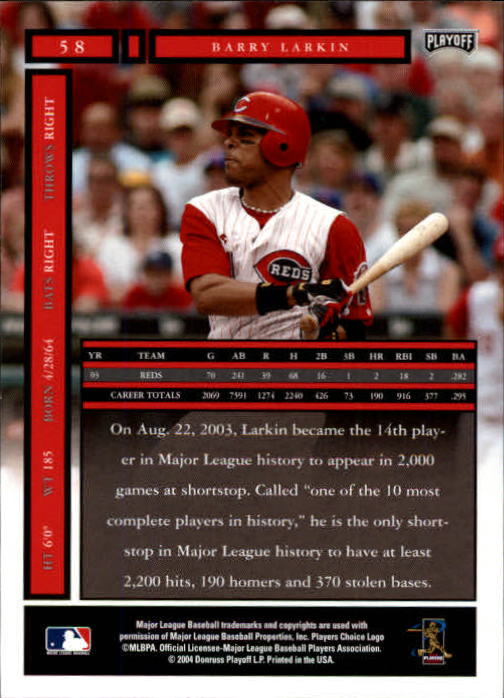2004 Playoff Honors #58 Barry Larkin back image