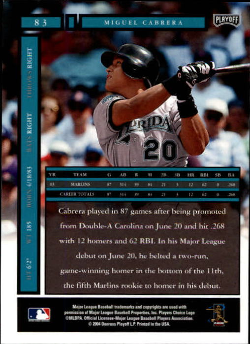 2004 Playoff Honors #83 Miguel Cabrera back image