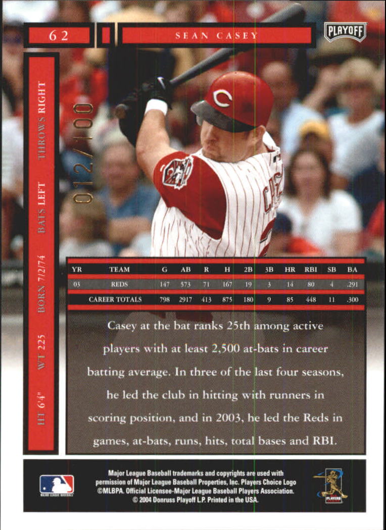 2004 Playoff Honors Credits Bronze #62 Sean Casey back image