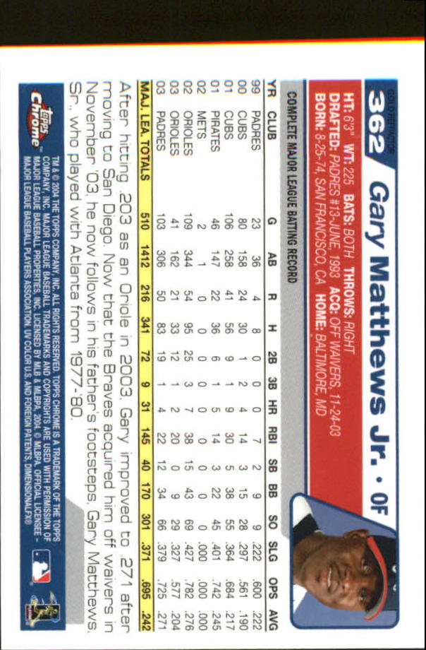 2004 Topps Chrome Gold Refractors #362 Gary Matthews Jr.