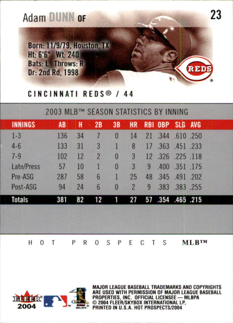 2004 Hot Prospects Draft #23 Adam Dunn back image
