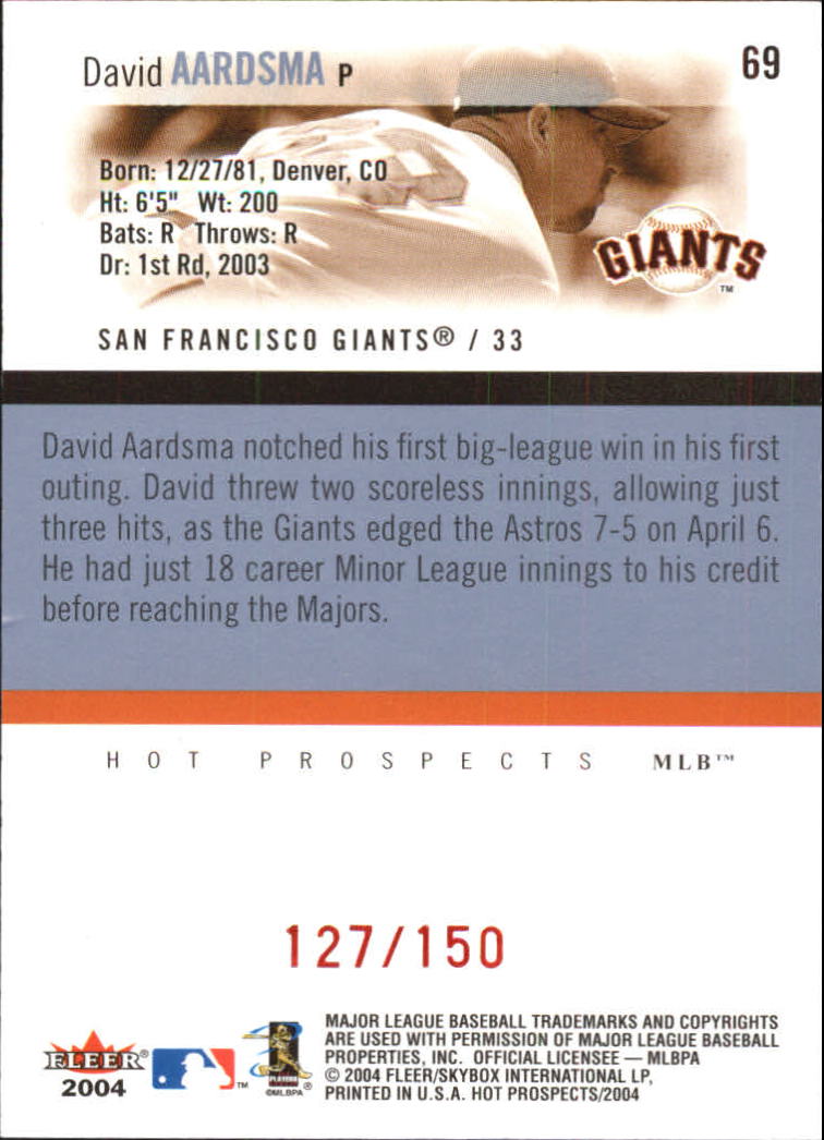 2004 Hot Prospects Draft Red Hot #69 David Aardsma HP back image