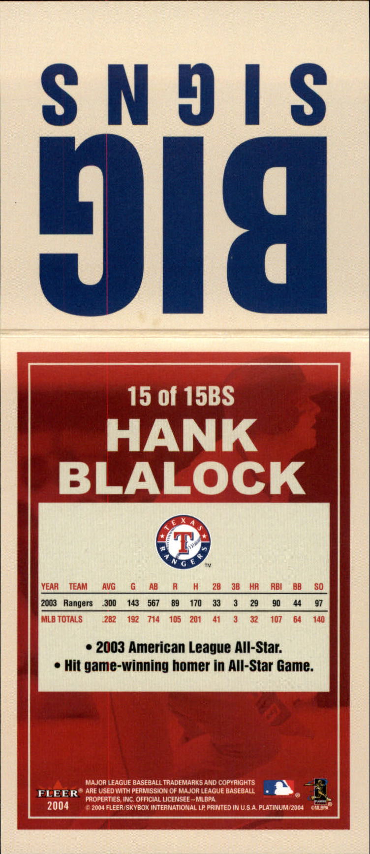 2004 Fleer Platinum Big Signs #15 Hank Blalock