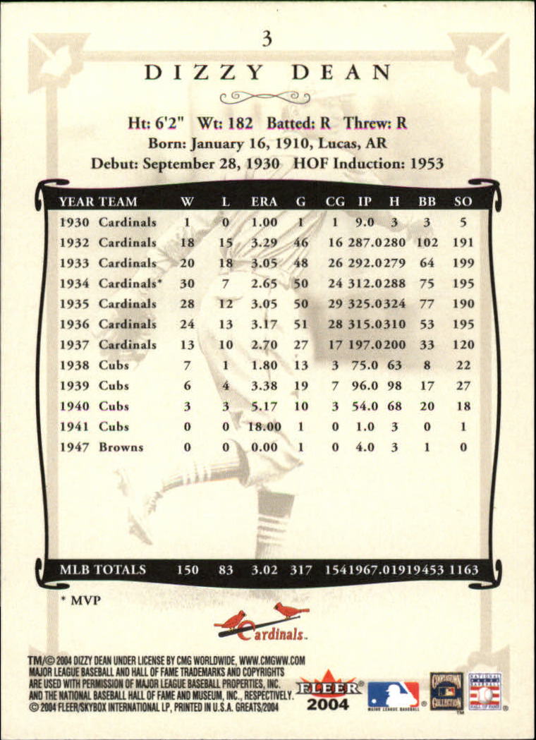 2004 Greats of the Game #3 Dizzy Dean back image