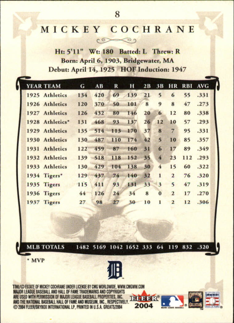 2004 Greats of the Game #8 Mickey Cochrane back image