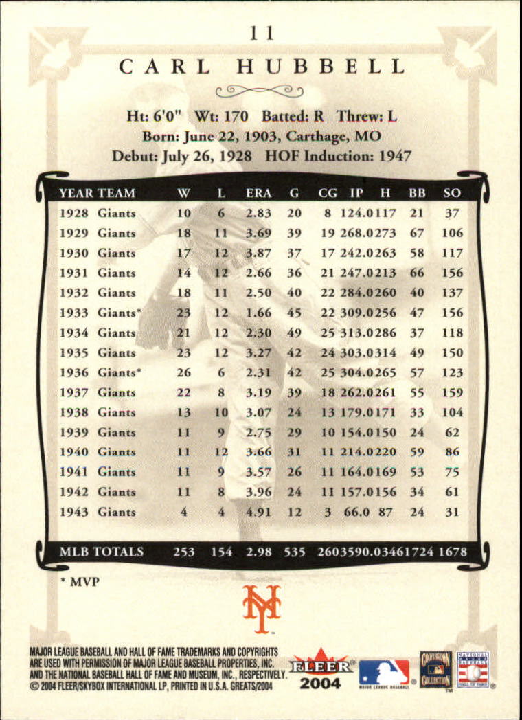 2004 Greats of the Game #11 Carl Hubbell back image