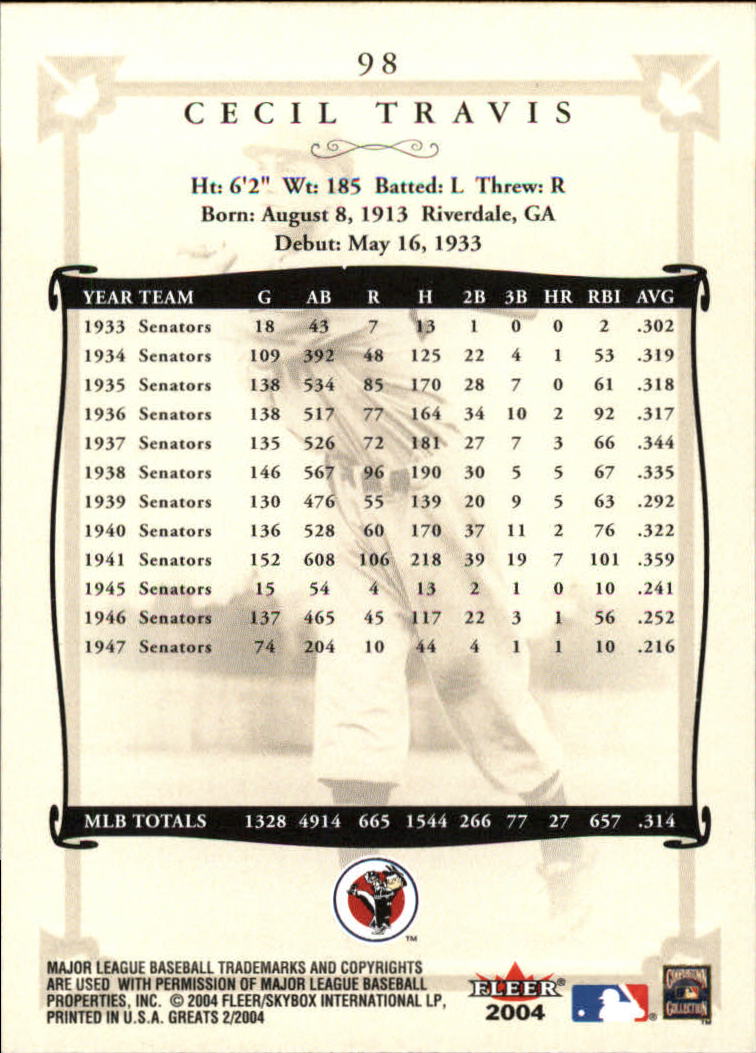 2004 Greats of the Game #98 Cecil Travis back image