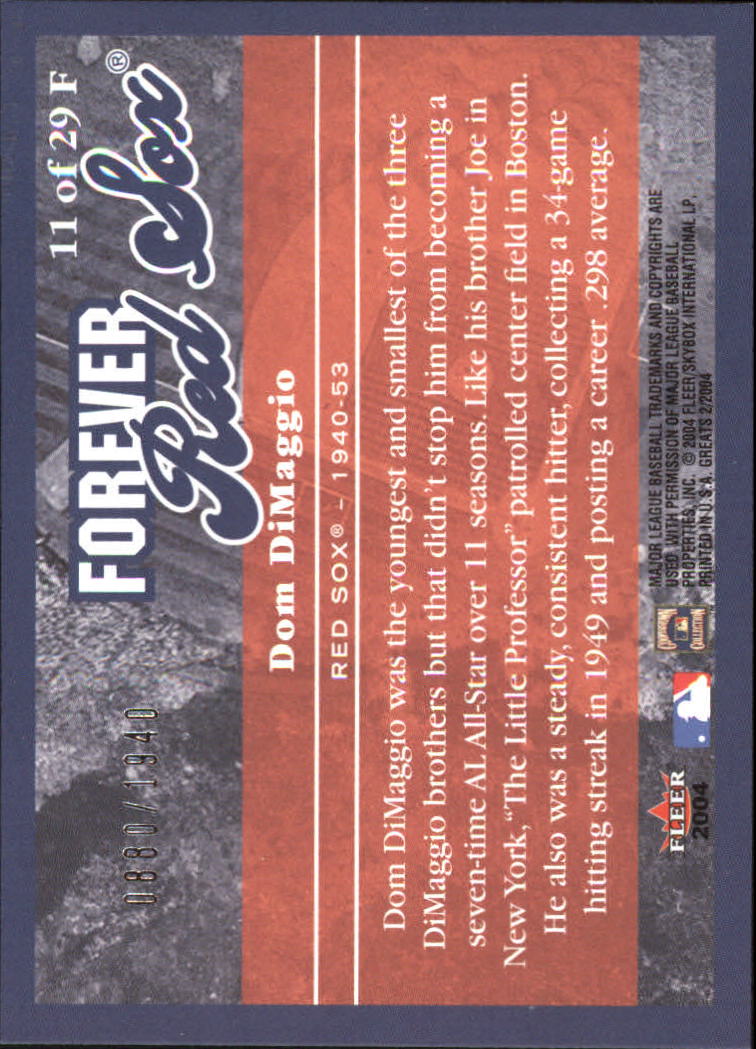 2004 Greats of the Game Forever #11 Dom DiMaggio/1940 back image