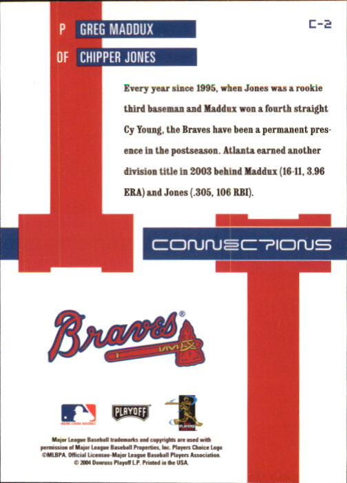 2004 Playoff Prestige Connections #2 G.Maddux/C.Jones back image