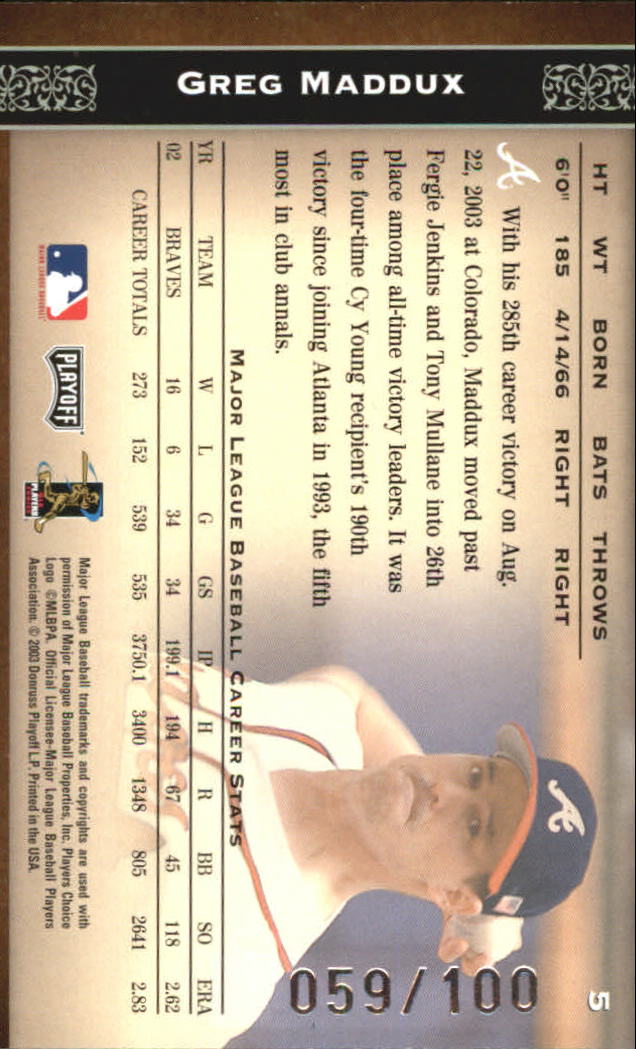 2004 Prime Cuts Century #5 Greg Maddux Braves back image