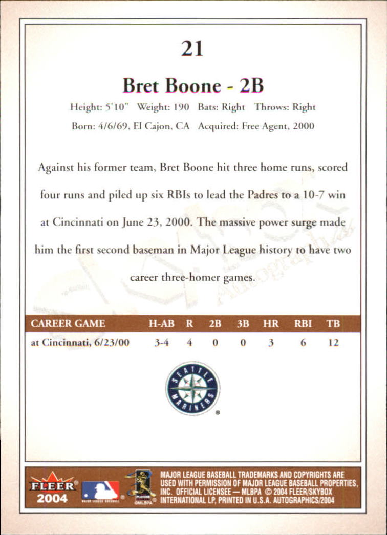 2004 SkyBox Autographics #21 Bret Boone back image