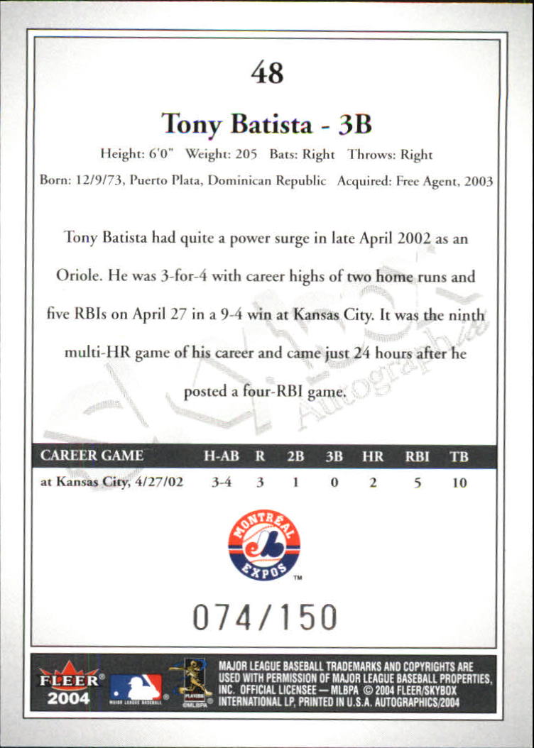 2004 SkyBox Autographics Insignia #48 Tony Batista back image