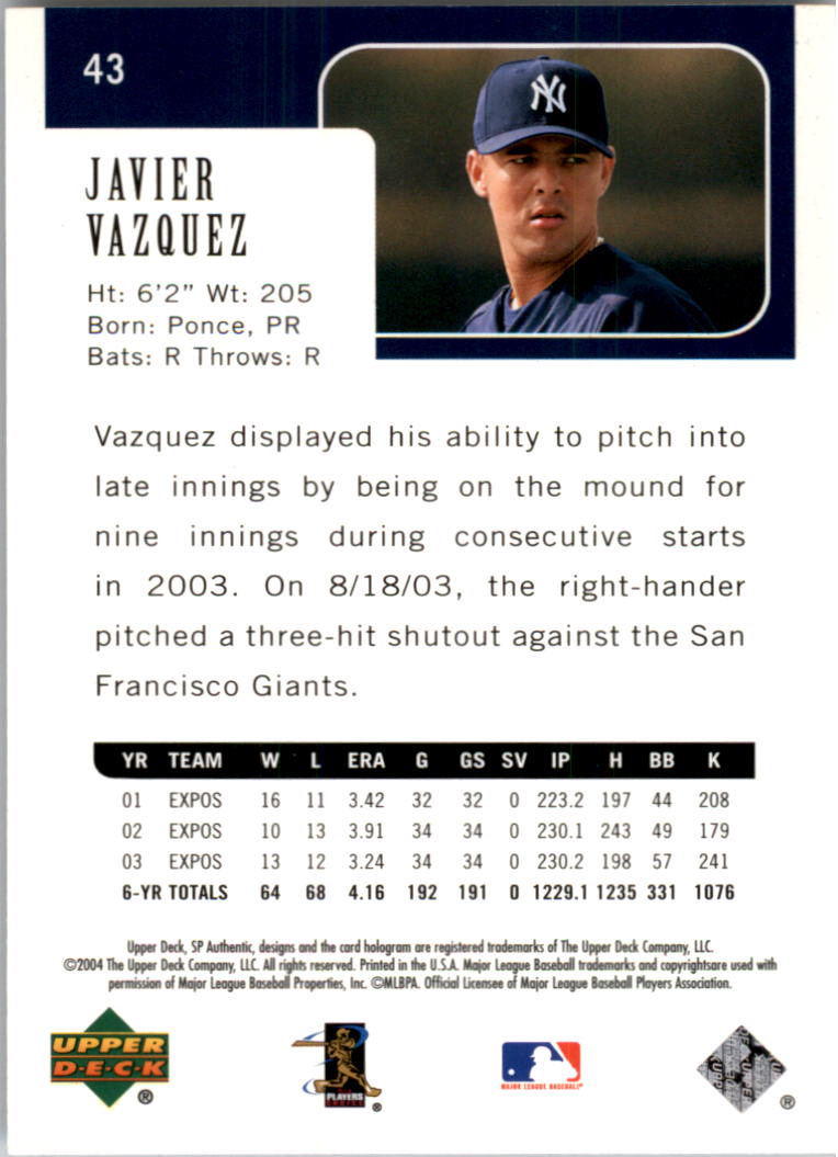2004 SP Authentic #43 Javier Vazquez back image