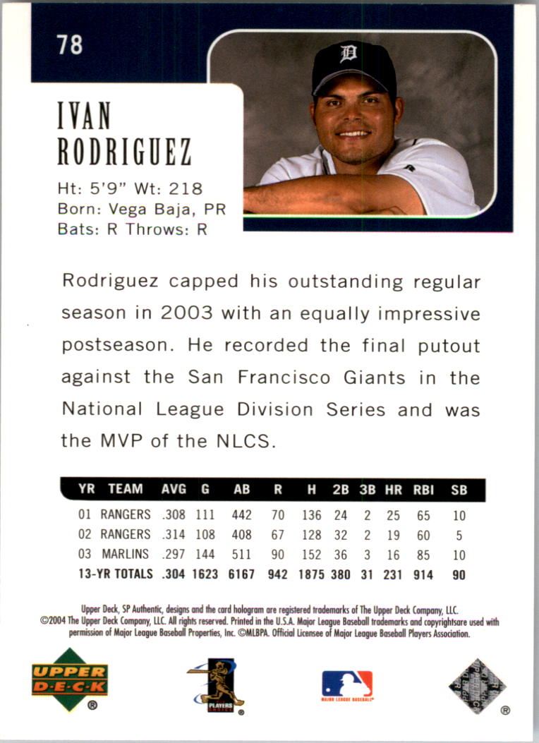 2004 SP Authentic #78 Ivan Rodriguez back image