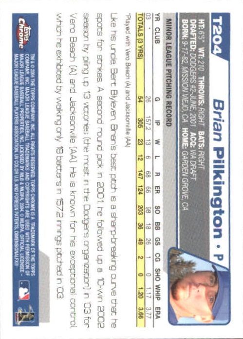 2004 Topps Chrome Traded #T204 Brian Pilkington FY RC back image