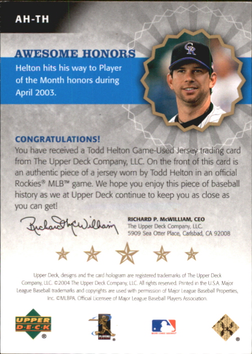 2004 Upper Deck Awesome Honors Jersey Gold #TH Todd Helton POM back image