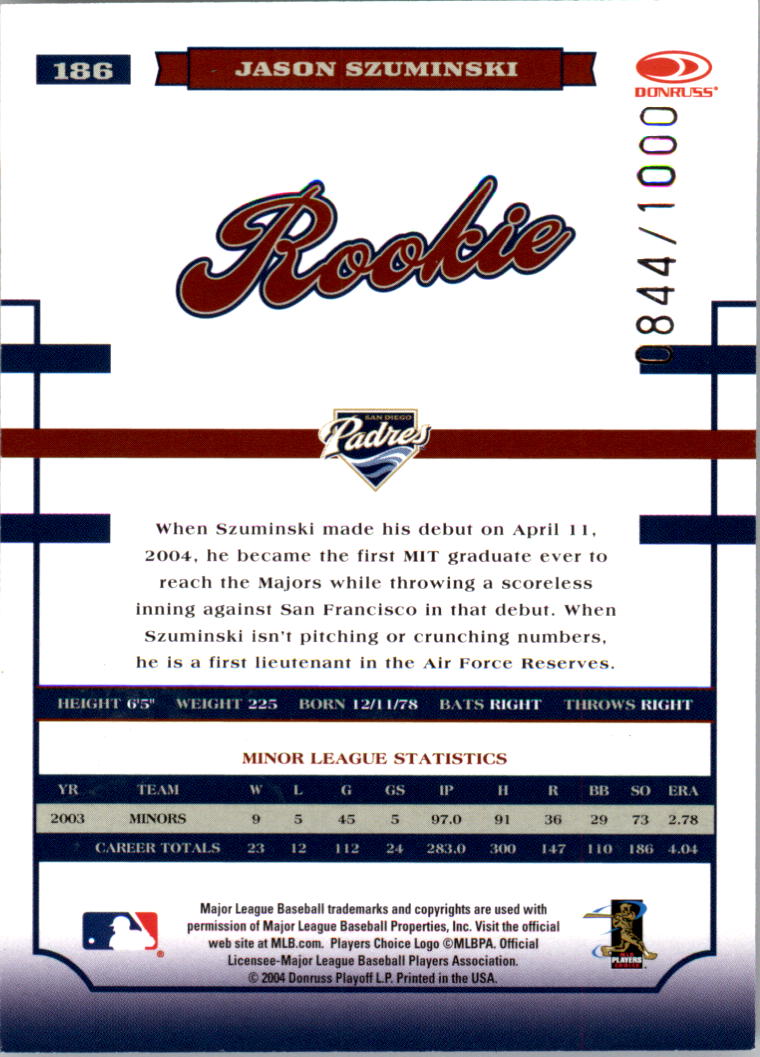 2004 Donruss World Series #186 Jas Szuminski AU/1000 RC back image