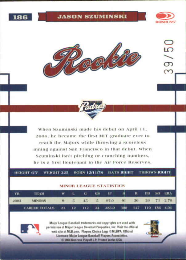 2004 Donruss World Series HoloFoil 50 #186 Jason Szuminski back image