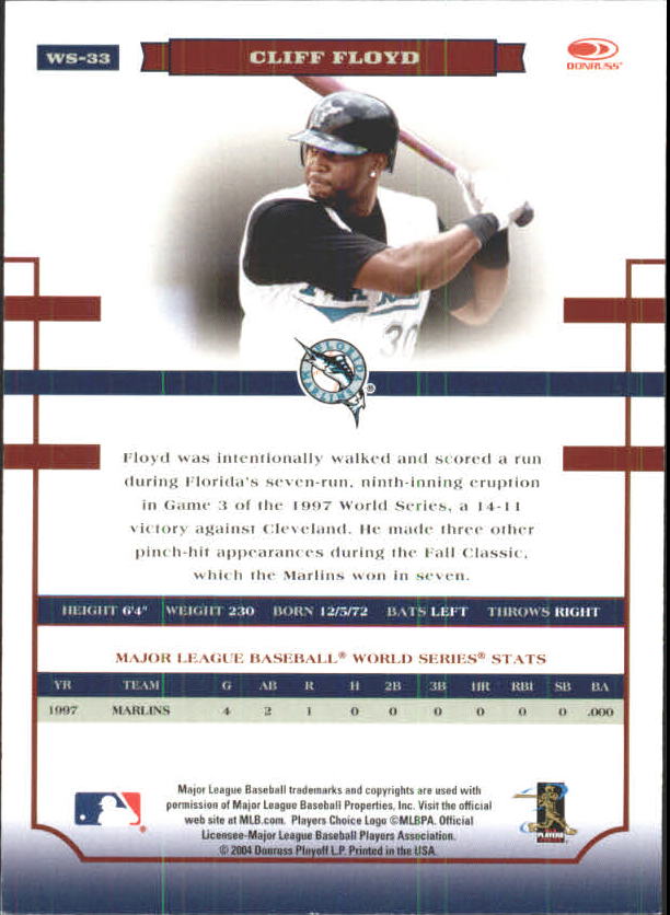2004 Donruss World Series Blue #33 Cliff Floyd back image