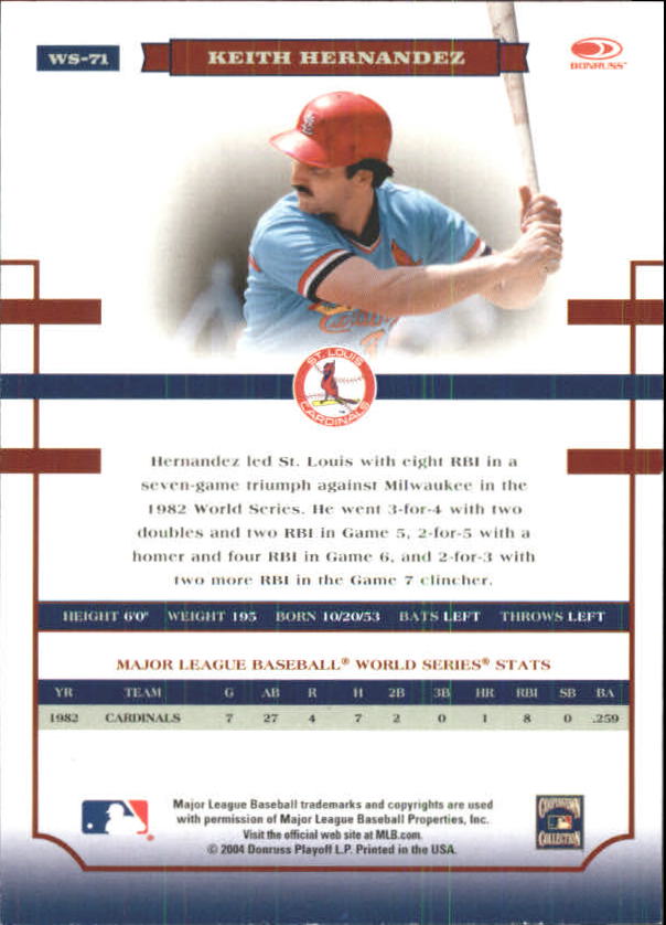 2004 Donruss World Series Blue #71 Keith Hernandez Cards back image