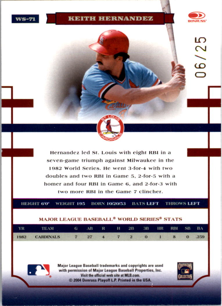 2004 Donruss World Series Blue HoloFoil 25 #71 Keith Hernandez Cards back image