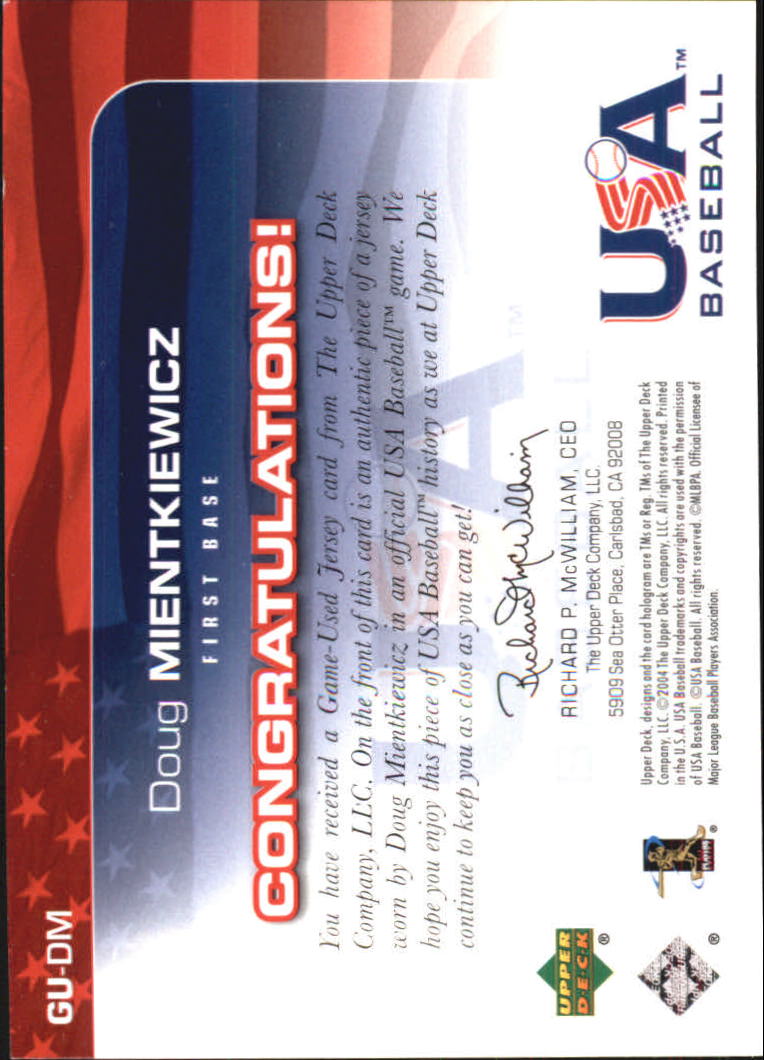 2004 USA Baseball 25th Anniversary Game Jersey #DM Doug Mientkiewicz/850 back image