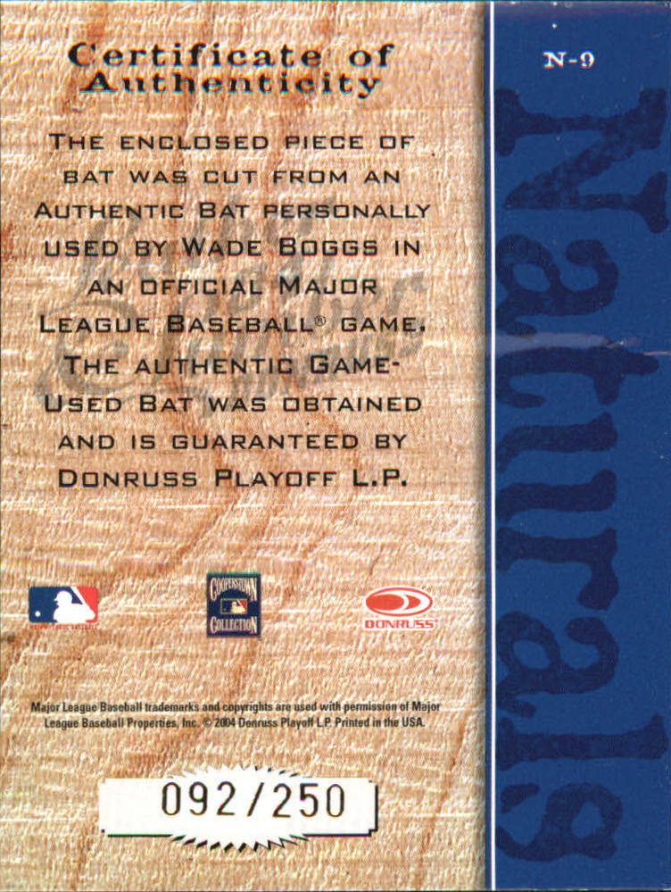 2004 Leather and Lumber Naturals Bat #9 Wade Boggs/250 back image