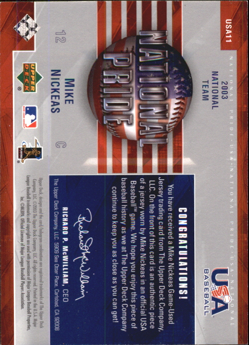 2004 Upper Deck National Pride Jersey 1 #11 Mike Nickeas back image