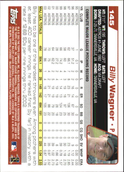 2004 Topps 1st Edition #145 Billy Wagner back image