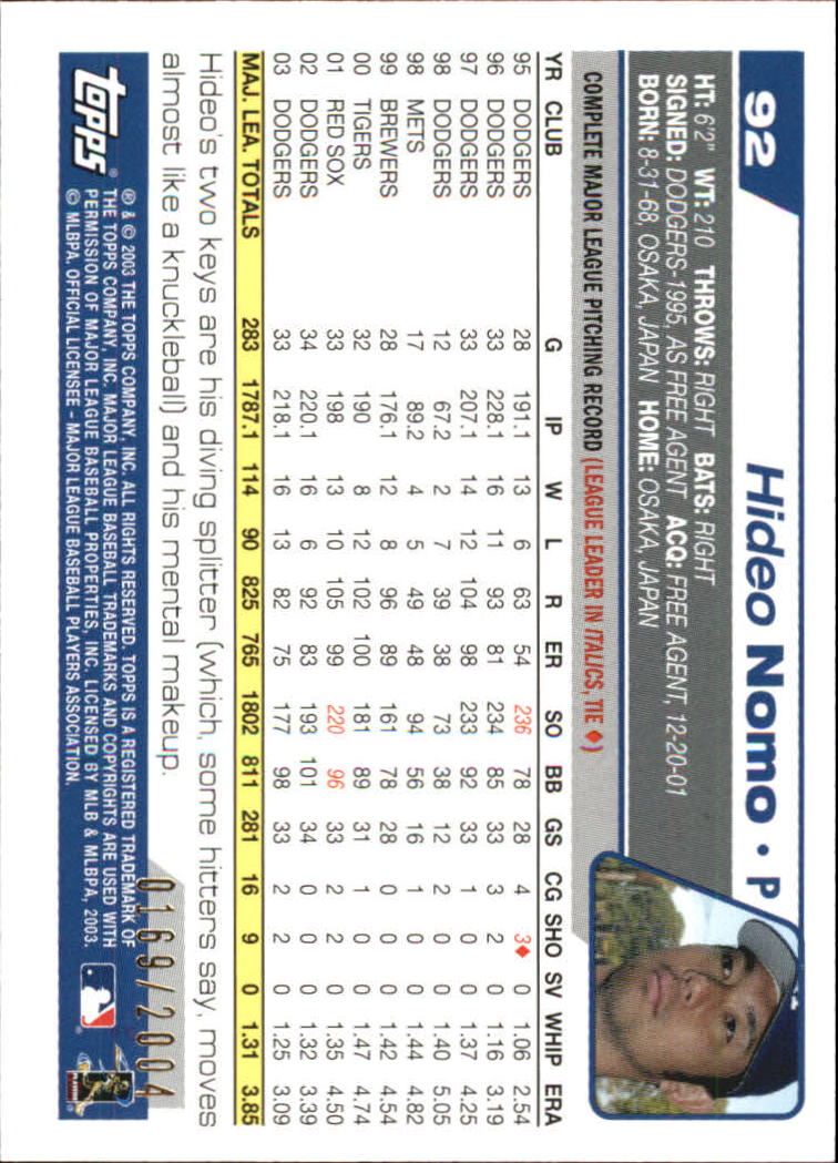 2004 Topps Gold #92 Hideo Nomo back image
