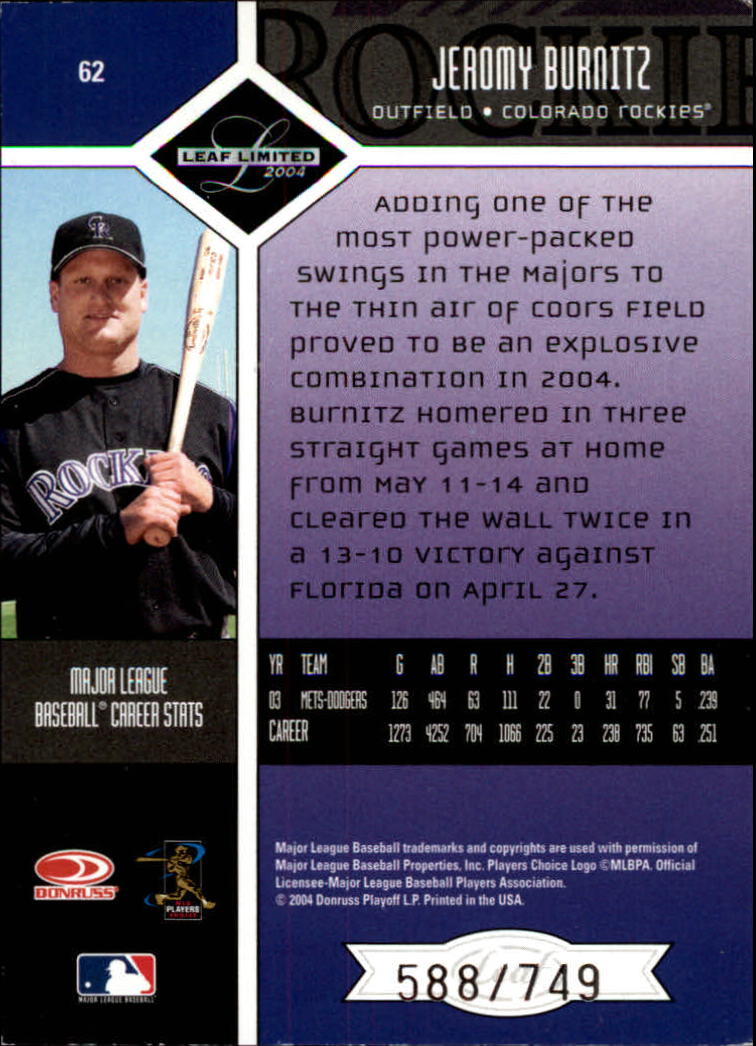2004 Leaf Limited #62 Jeromy Burnitz back image