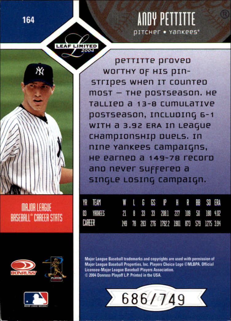 2004 Leaf Limited #164 Andy Pettitte Yanks back image